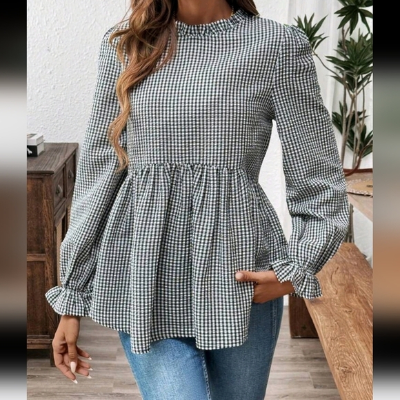 Neckline Ruffle Hem Gingham Long Sleeve Casual Blouse With Frilled Edges - Picture 1 of 4